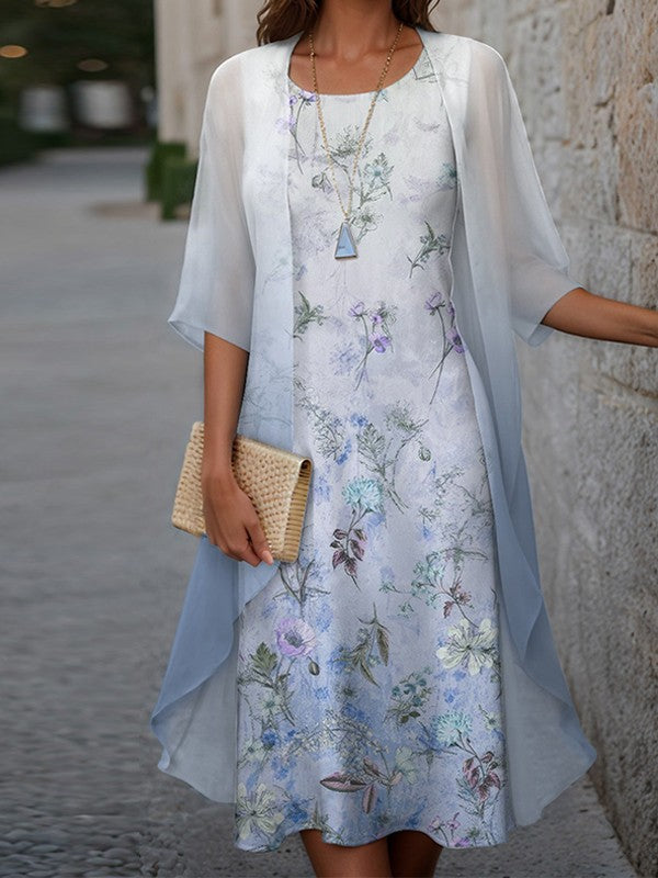 Women's Dress Set – Relaxed Fit – Floral Print – Light Jacket – Midi Length