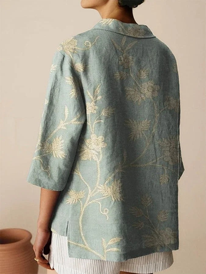 Women's Shirt – Loose Fit – Breathable Fabric – Embroidered – 3/4 Sleeves – V-Neck Collar