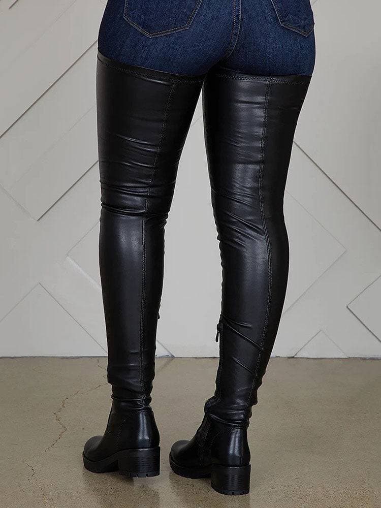 Women's Overknee Boots – Leather – Low Block Heel – Textured Sole – Zipper Closure