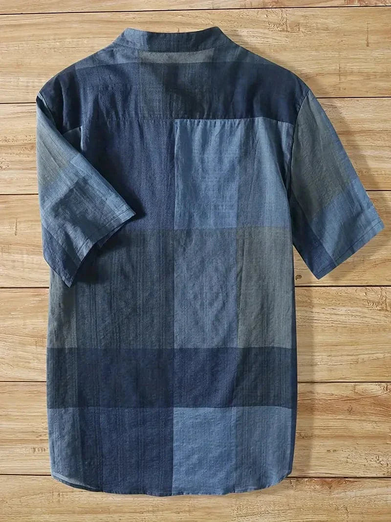 Men's Shirt - Short Sleeve with Mandarin Collar - Checkered Design - Relaxed Fit