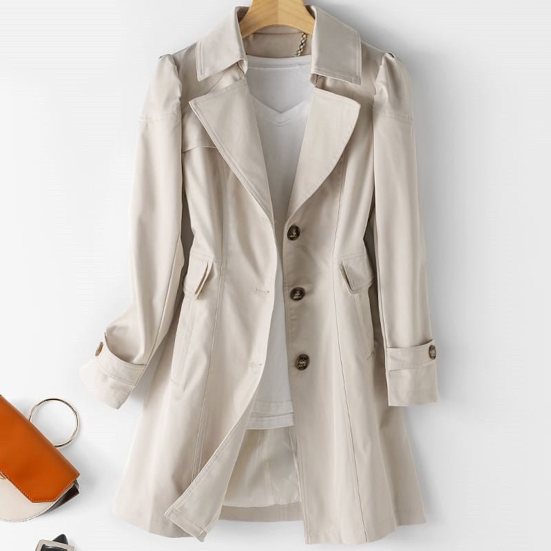 Trench Coat for Women – Classic Double-Breasted – Knee-Length – Sleek Fit – Elegant Details