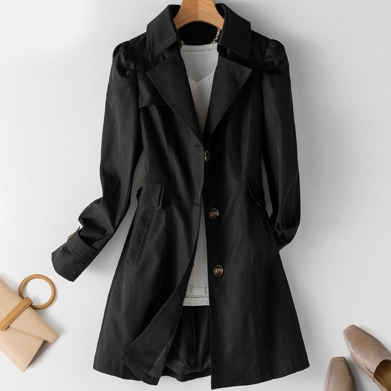Trench Coat for Women – Classic Double-Breasted – Knee-Length – Sleek Fit – Elegant Details