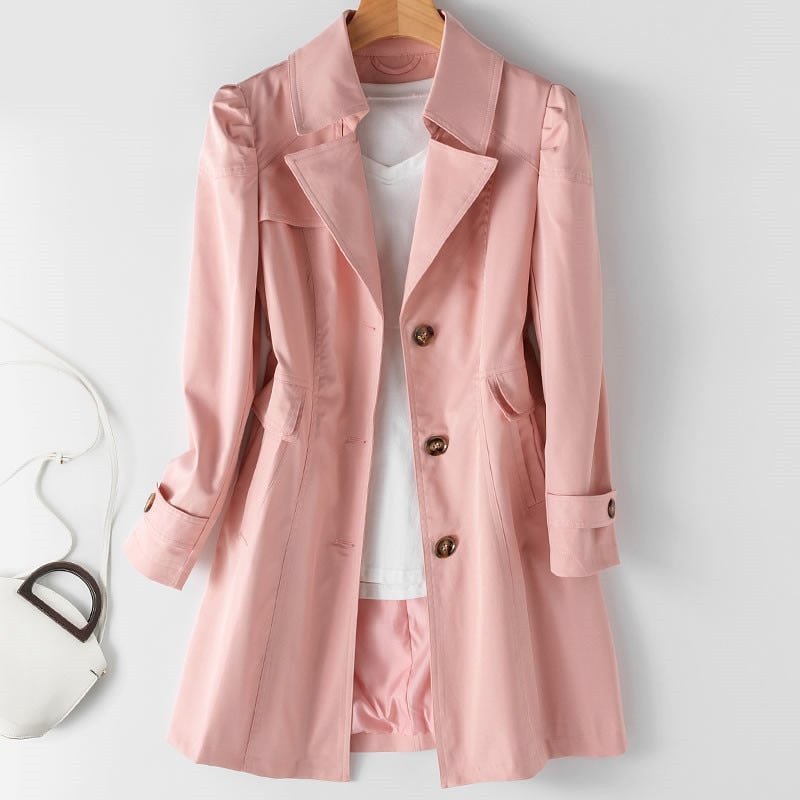 Trench Coat for Women – Classic Double-Breasted – Knee-Length – Sleek Fit – Elegant Details