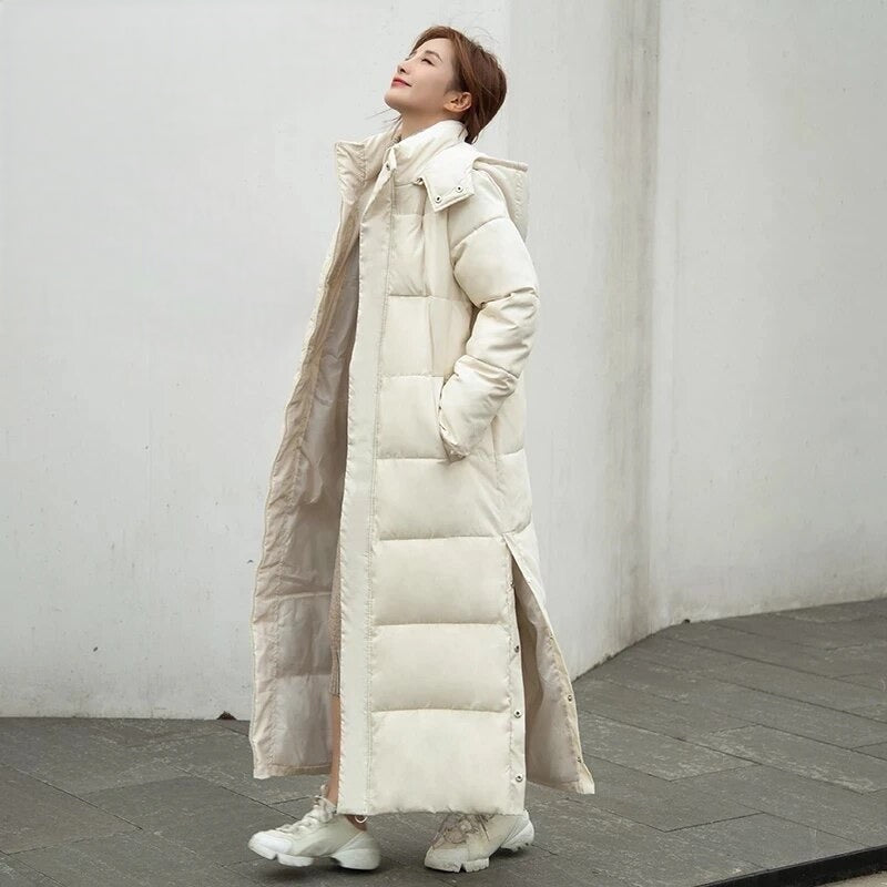Women's Long Down Jacket - Padded Warm Puffer - Hood and Zipper - Loose Fit