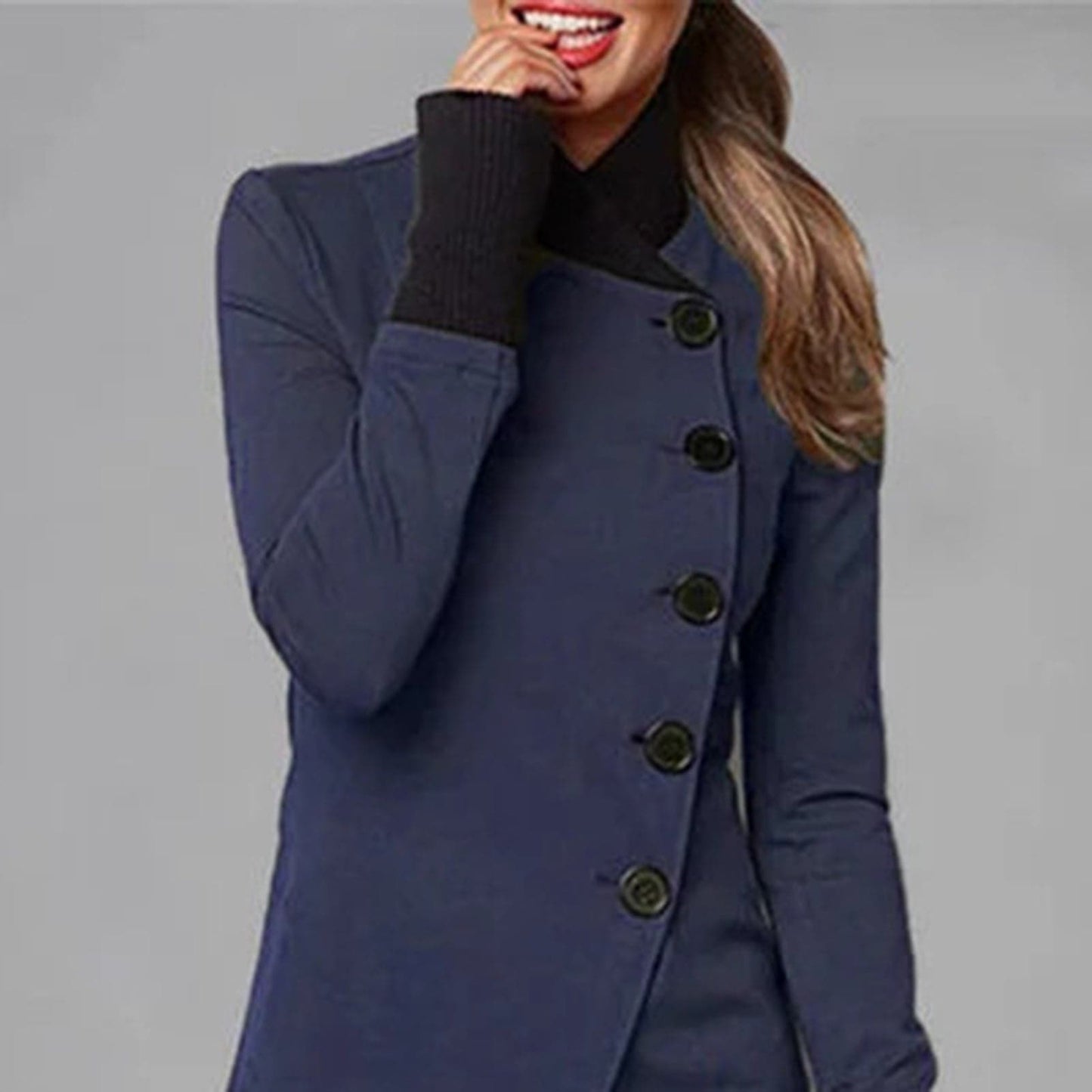 Women's Coat - Asymmetric Design - Tailored Fit - Diagonal Button Closure - Long Sleeves