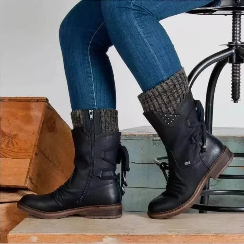 Women's Boots – Standard Fit – Knitted Cuff – Studs – Back Lacing