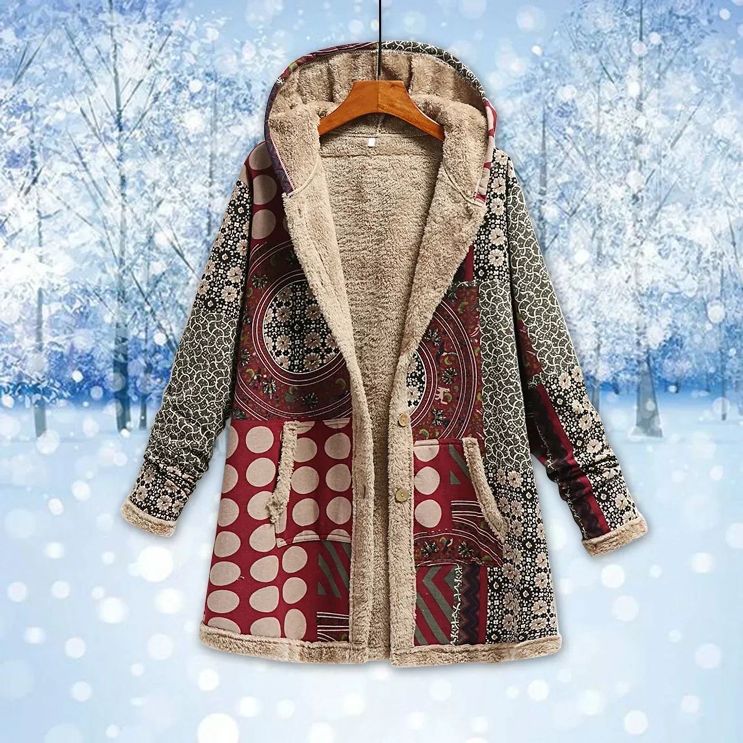 Women's Fleece Jacket – Relaxed Fit – Hood – Patchwork – Long Model