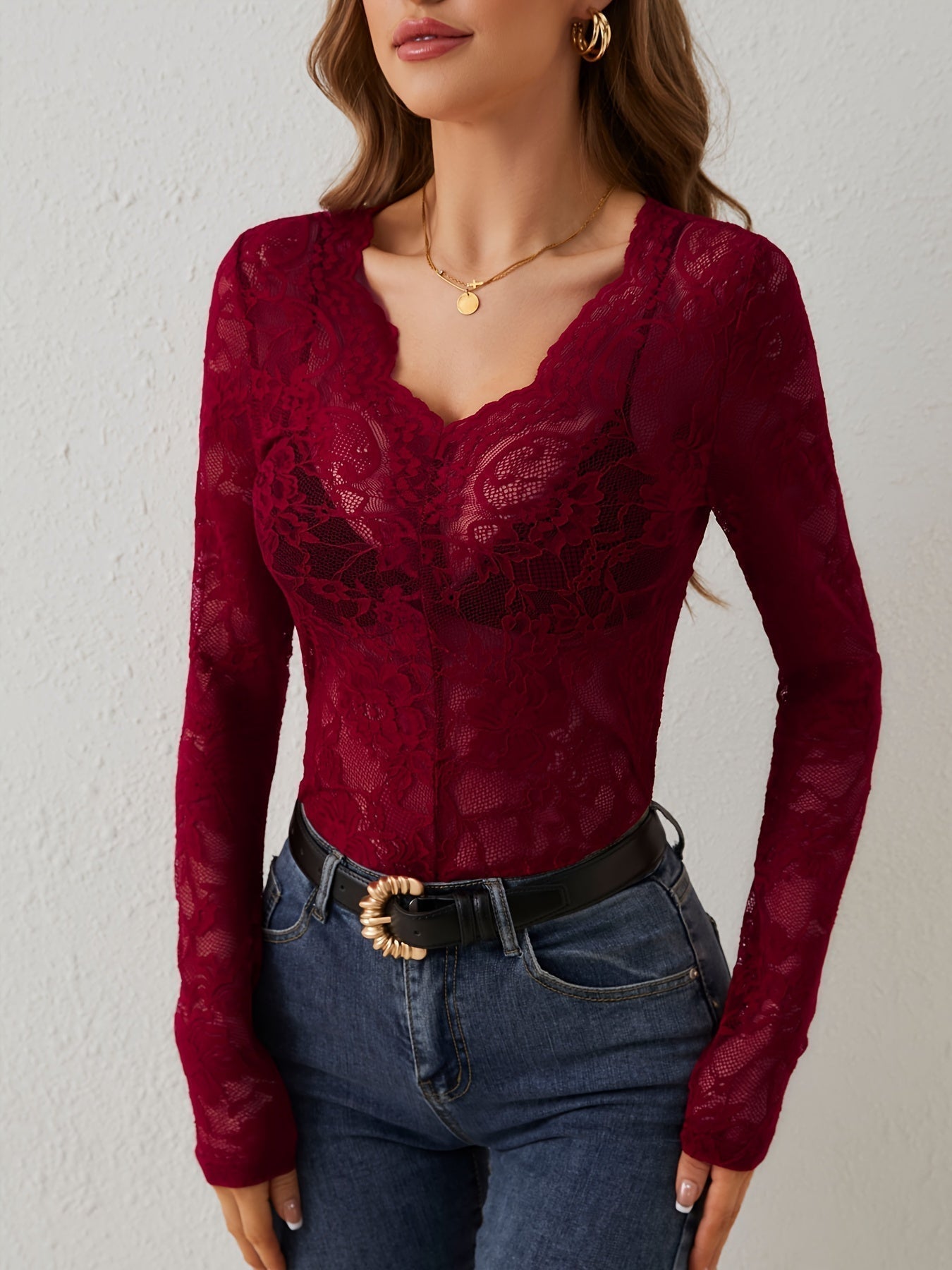 Women's Blouse in Lace – Slim Fit – Deep V-neck – Transparent Sleeves – Elegant Floral Design