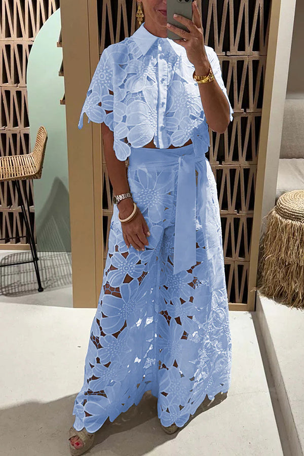 Women's Two-Piece Set – Floral Lace – Crop Top – Wide High-Waisted Pants