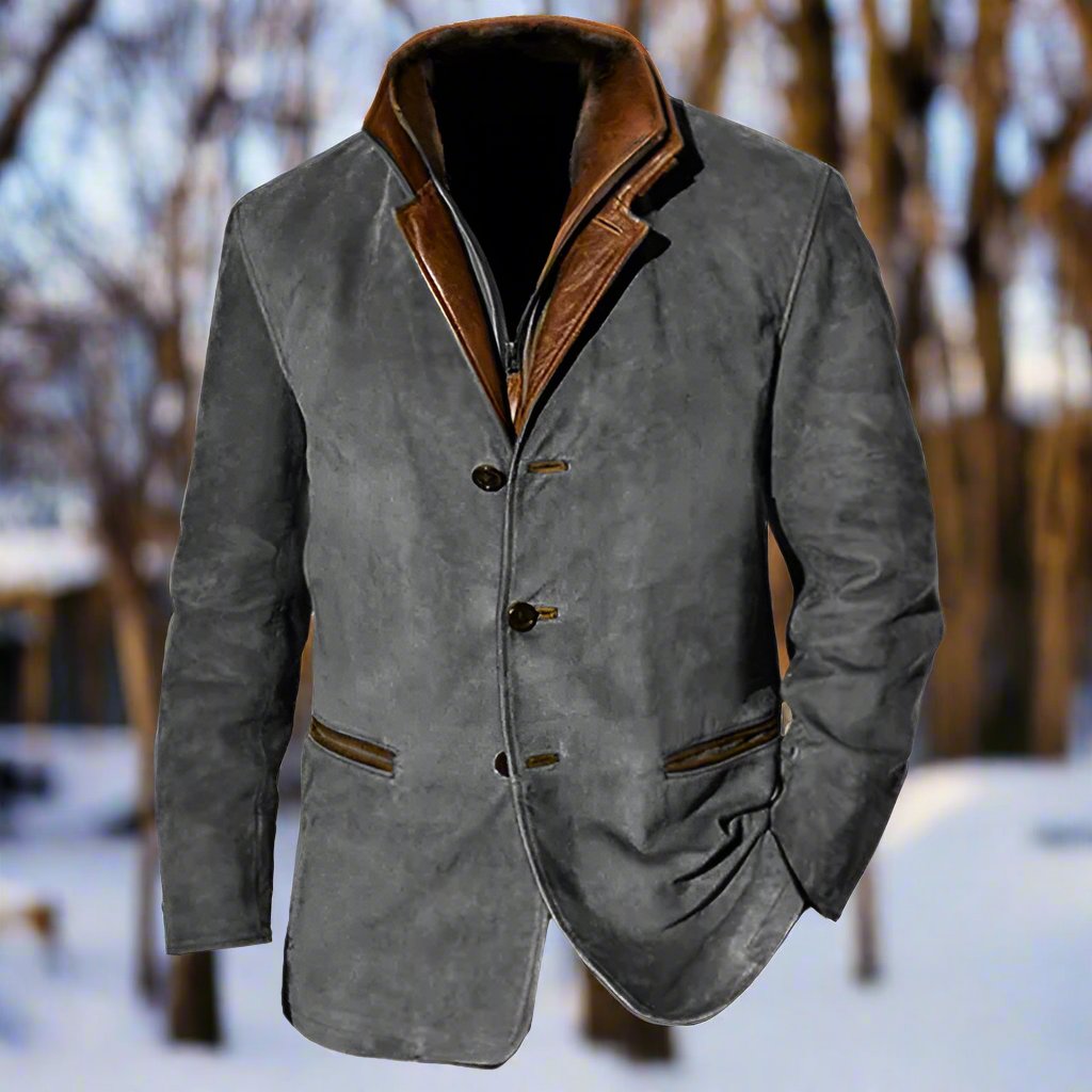 Men's Coat - Suede Look with Leather Details - Structured Fit - Button Closure