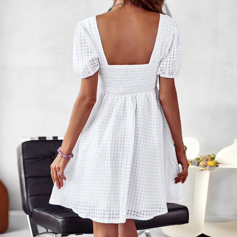 Dress for Women – A-line Fit – Square Neckline – Puff Sleeves – Textured Pattern