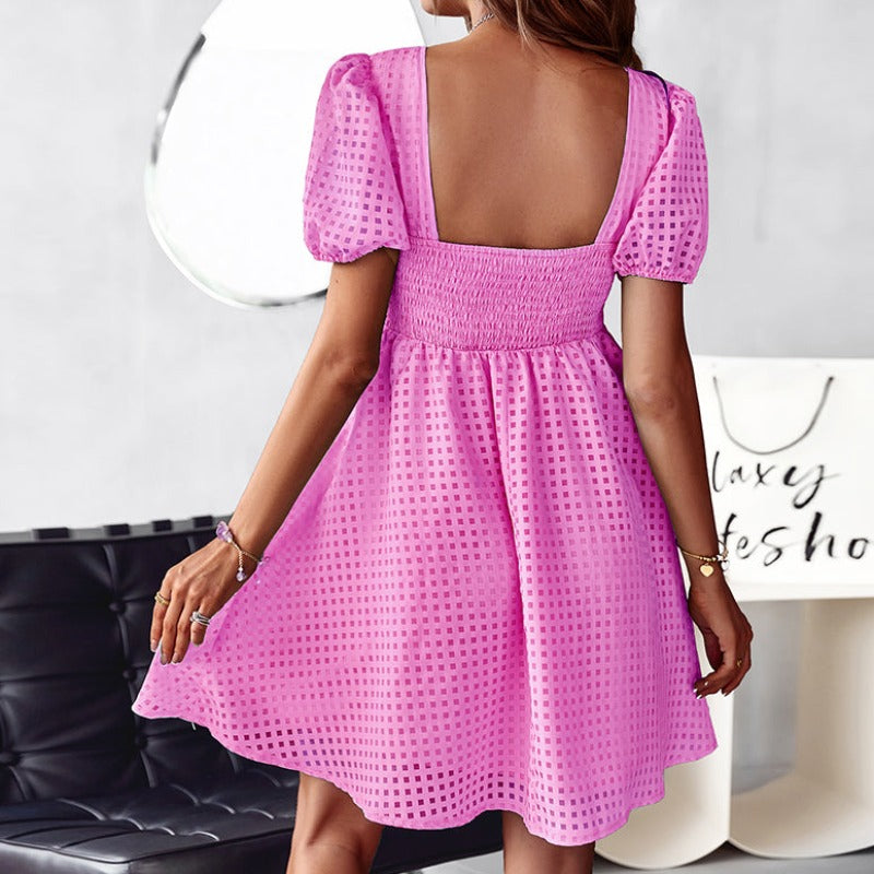 Dress for Women – A-line Fit – Square Neckline – Puff Sleeves – Textured Pattern