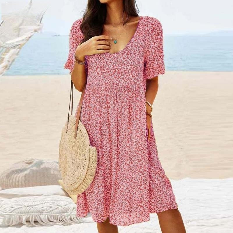 Women's Dress - Midi Length - A-line Fit - Deep V-neck - Short Summery Sleeves