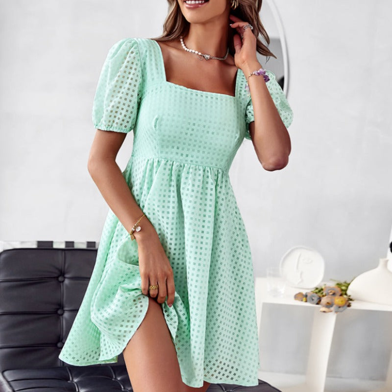 Dress for Women – A-line Fit – Square Neckline – Puff Sleeves – Textured Pattern
