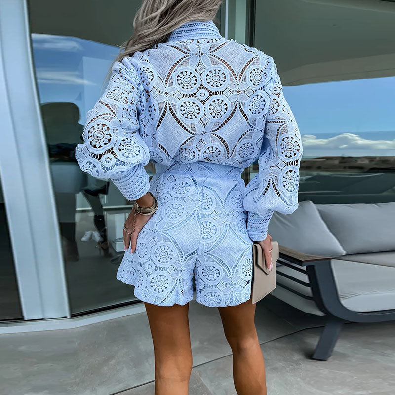 Women's Lace Blouse and Shorts - Elegant Set - High Waist - Puff Sleeves - Delicate Lace