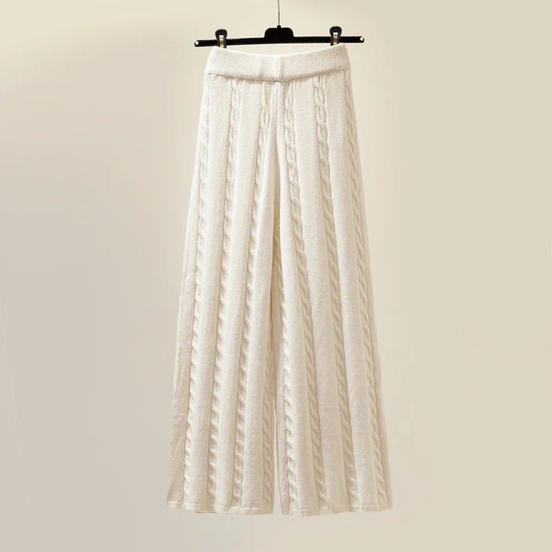 Women's Knitted Sweater Set – High-Neck Ribbed Knit – Wide Cable Knit Pants – Padded Vest