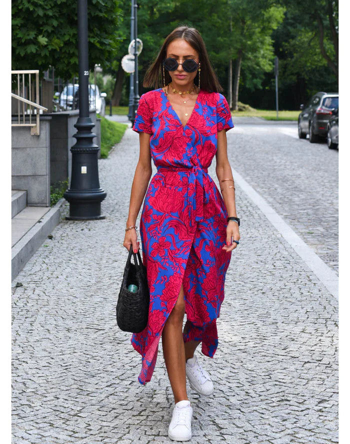 Dress woman midi – wrap model – breathable fabric – V-neck – tie belt