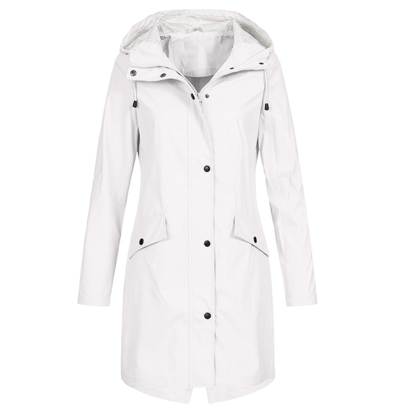 Women's Rain Jacket – Waterproof – Windproof – Long Fit – Hood – Snap Buttons