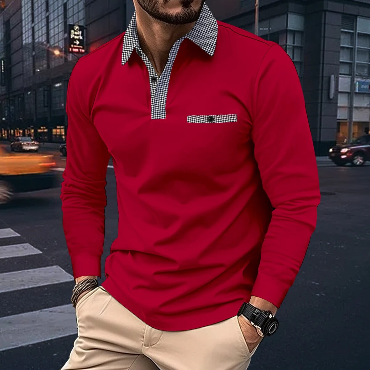 Men's Shirt - Long-Sleeved Polo - Classic Design with Contrast Details - Comfortable Fit