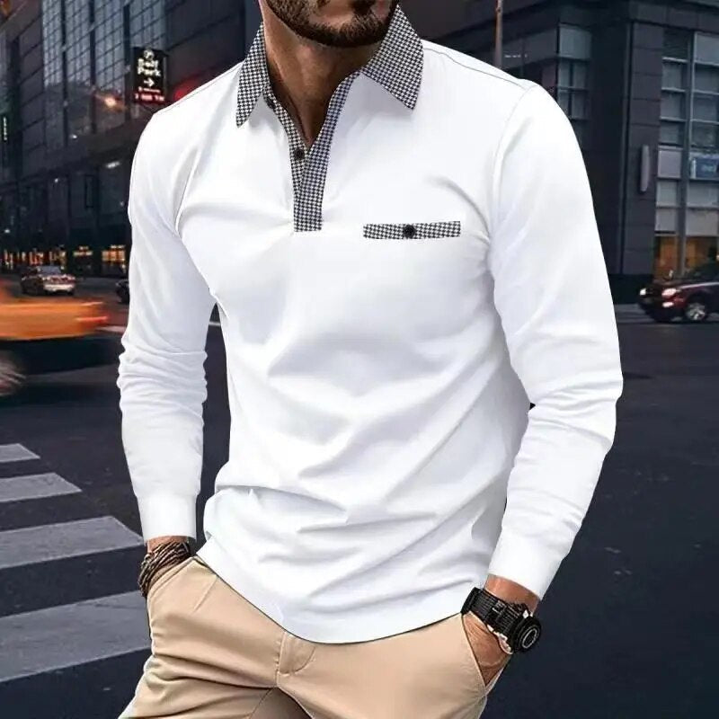 Men's Shirt - Long-Sleeved Polo - Classic Design with Contrast Details - Comfortable Fit