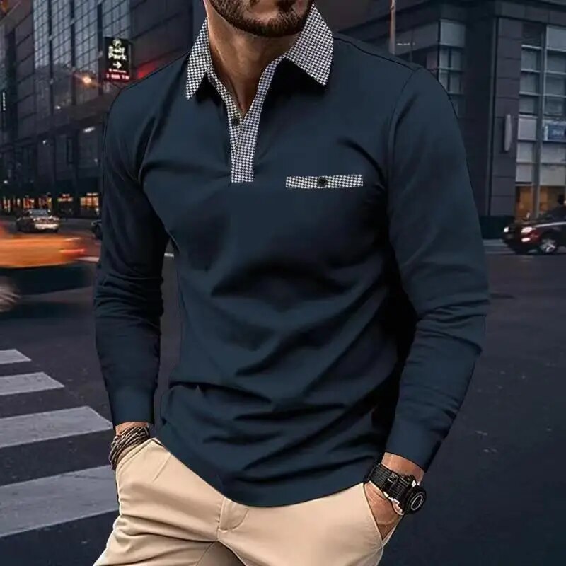 Men's Shirt - Long-Sleeved Polo - Classic Design with Contrast Details - Comfortable Fit
