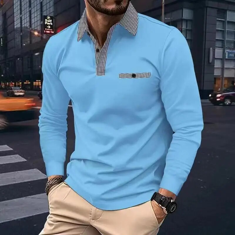 Men's Shirt - Long-Sleeved Polo - Classic Design with Contrast Details - Comfortable Fit