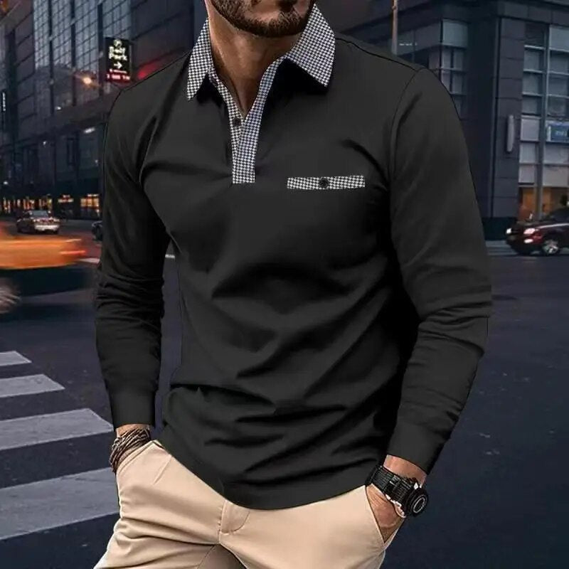 Men's Shirt - Long-Sleeved Polo - Classic Design with Contrast Details - Comfortable Fit