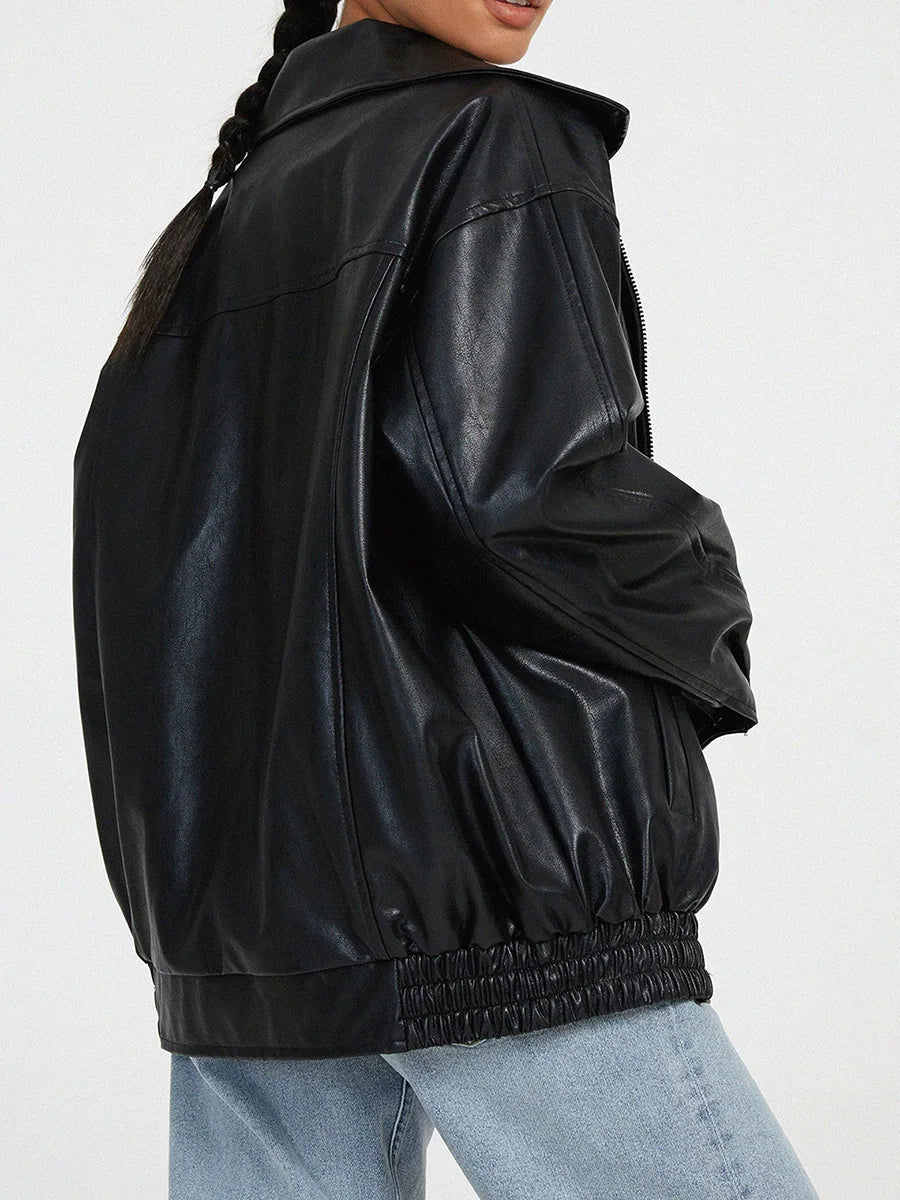 Women's Bomber Jacket – Oversized Fit – Leather-like Finish – Elastic Edges