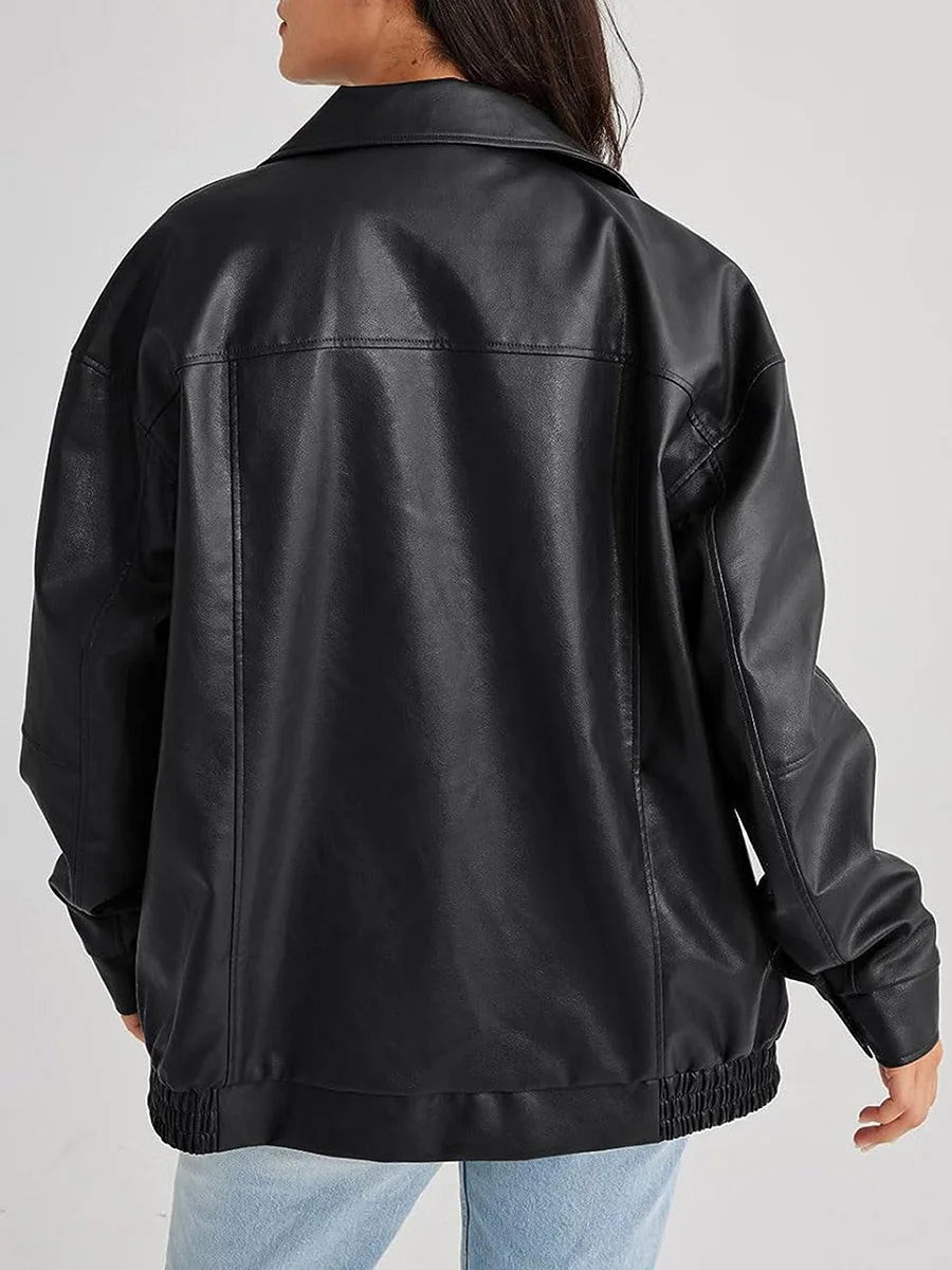 Women's Bomber Jacket – Oversized Fit – Leather-like Finish – Elastic Edges