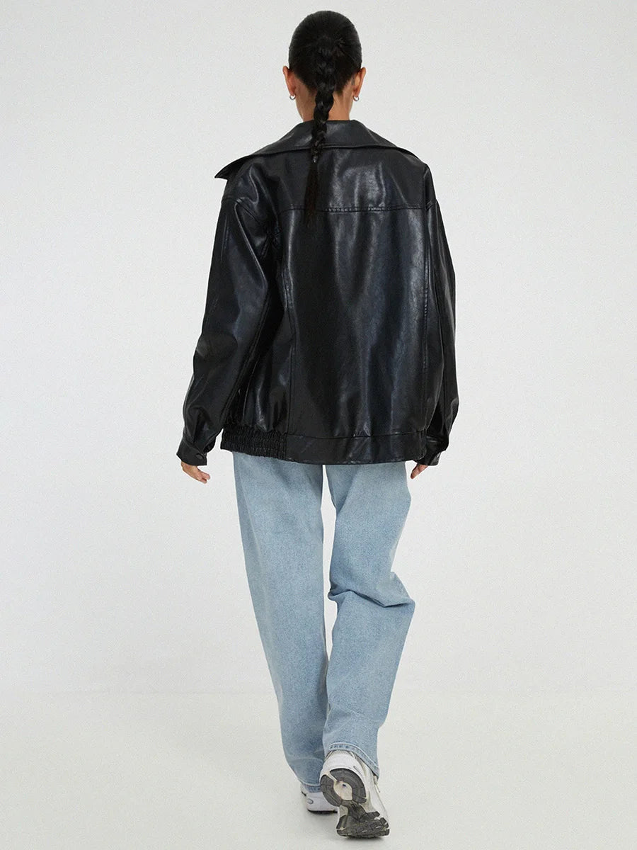 Women's Bomber Jacket – Oversized Fit – Leather-like Finish – Elastic Edges