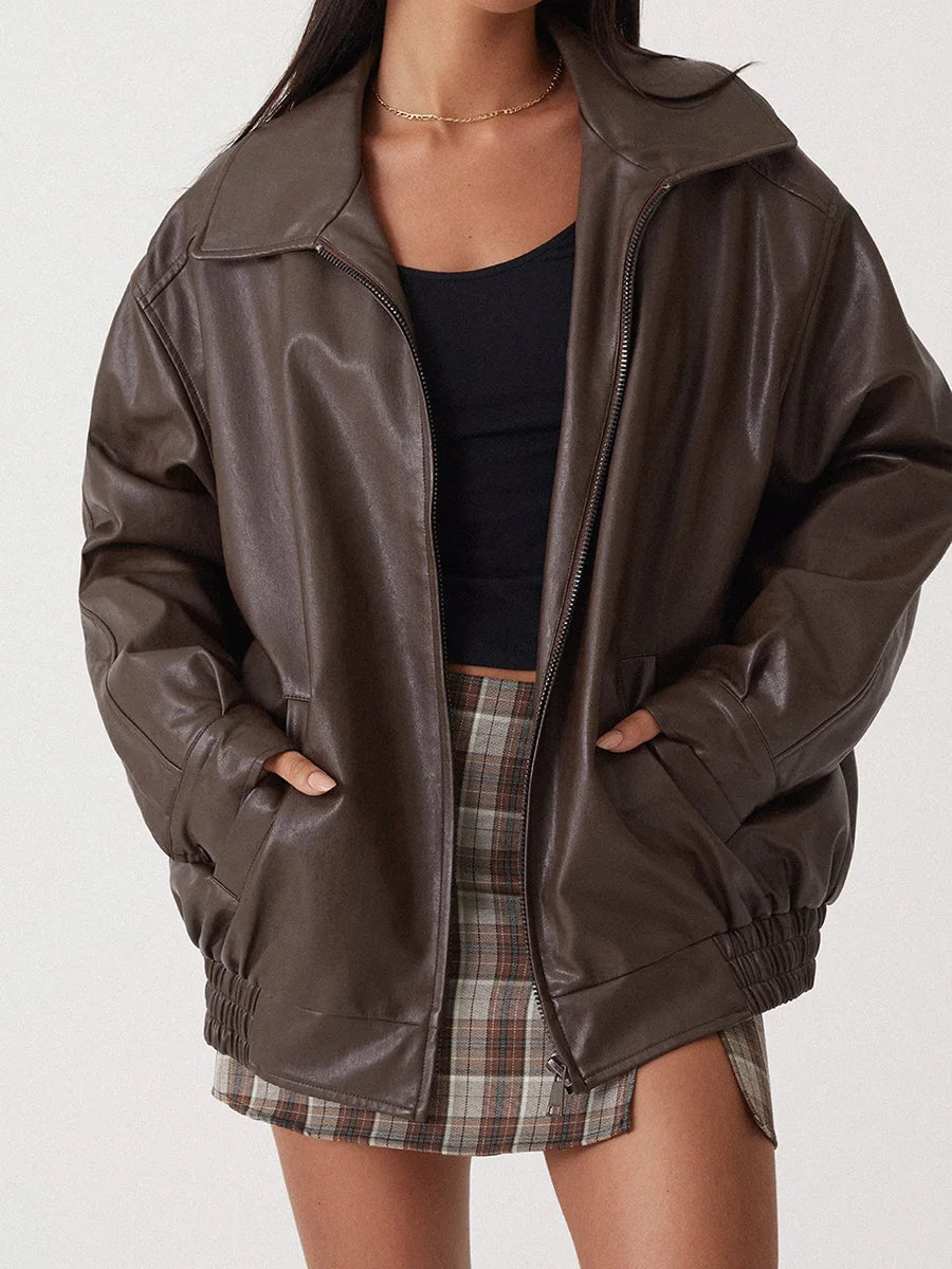 Women's Bomber Jacket – Oversized Fit – Leather-like Finish – Elastic Edges
