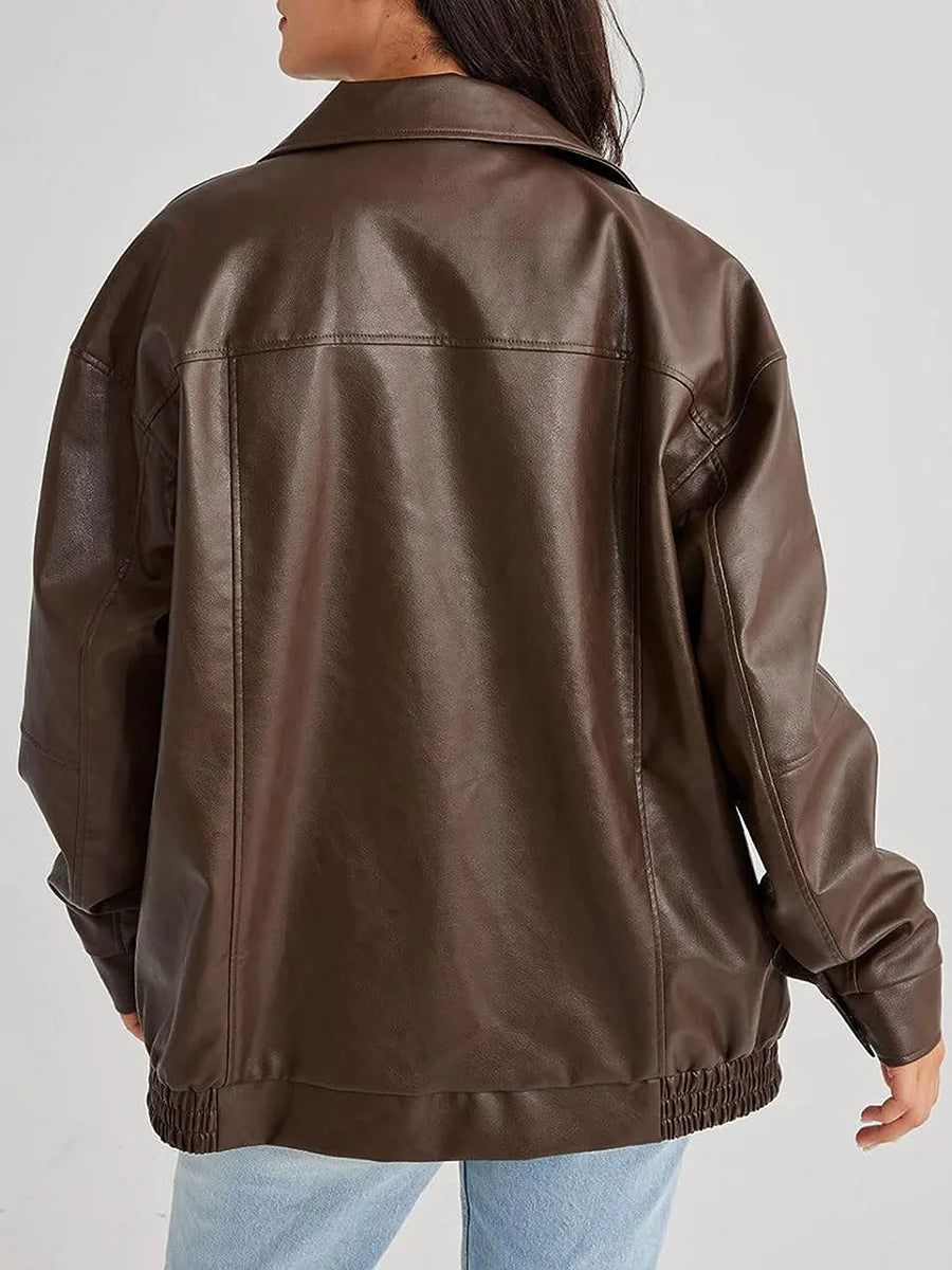 Women's Bomber Jacket – Oversized Fit – Leather-like Finish – Elastic Edges