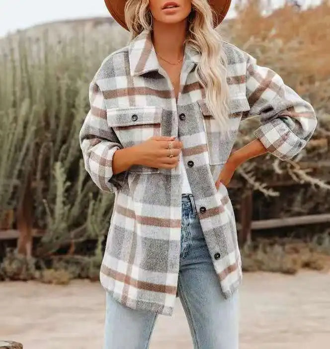 Women's Shirt Jacket - Oversized Checkered - Long with Chest Pockets and Button Closure