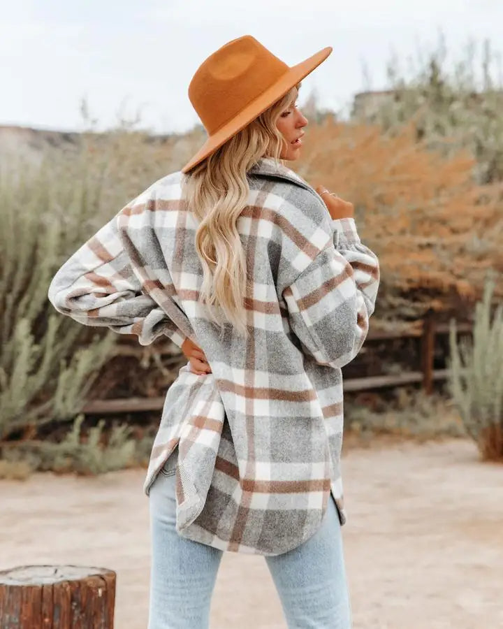 Women's Shirt Jacket - Oversized Checkered - Long with Chest Pockets and Button Closure