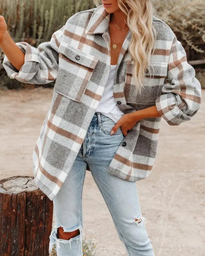 Women's Shirt Jacket - Oversized Checkered - Long with Chest Pockets and Button Closure