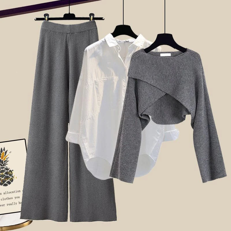 Women's Set – Wide Palazzo Pants – Classic Shirt – Cropped Knit Sweater