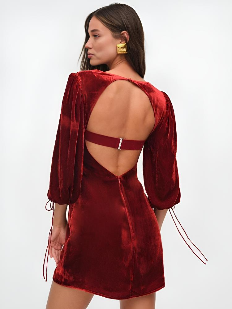 Dress woman – mini length velvet – slim fit – puff sleeves – sweetheart neckline