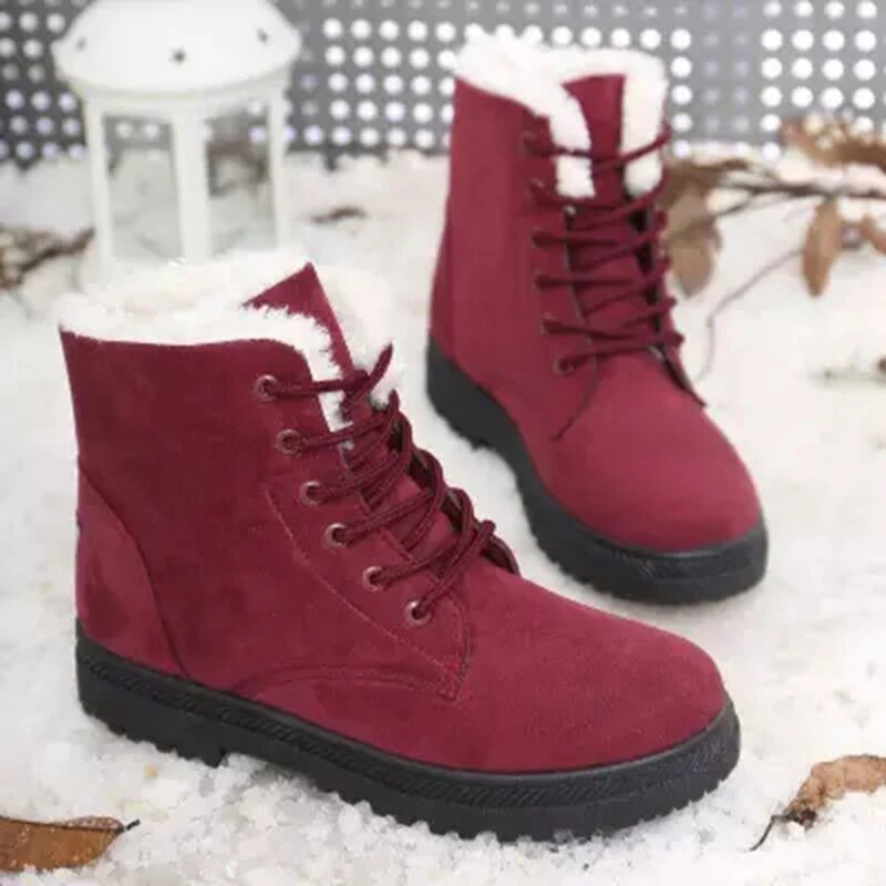 Women's Lace-Up Boots – Suede Look – Faux Fur Lining – Comfortable Flat Sole