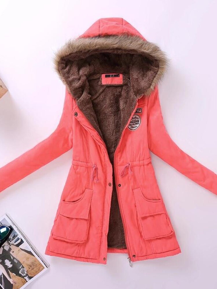 Women's Parka Jacket - Warm Lining - Hood with Fur Trim - Zipper & Buttons - Adjustable Waist