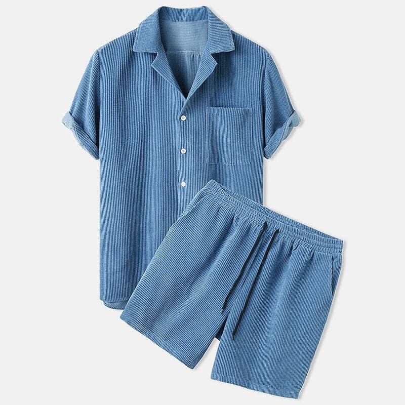 Herre Cord-Sett – Kortermet Skjorte med Knappestolpe – Elastisk Shorts med Snøring