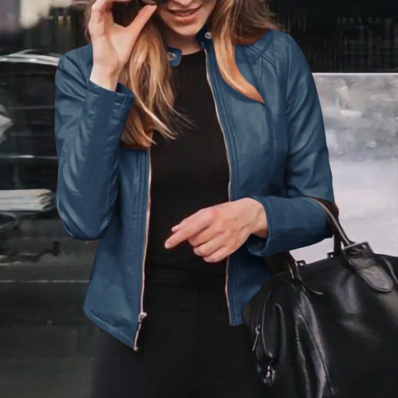 Women's Jacket – Faux Leather – Slim Fit – Short Length – Zipper – Stand Collar