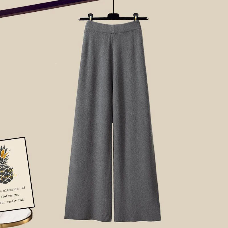 Women's Set – Wide Palazzo Pants – Classic Shirt – Cropped Knit Sweater