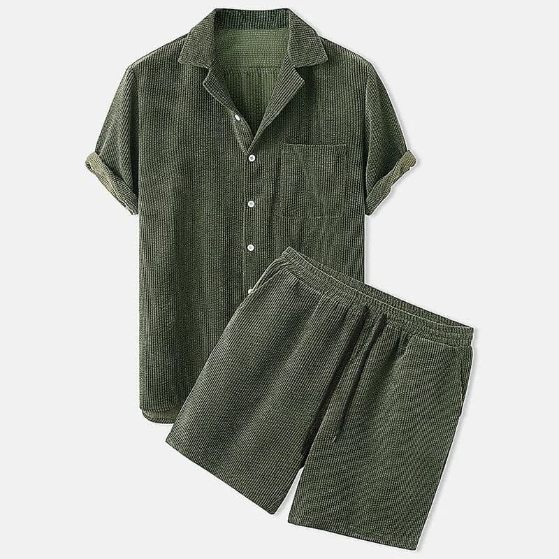 Herre Cord-Sett – Kortermet Skjorte med Knappestolpe – Elastisk Shorts med Snøring