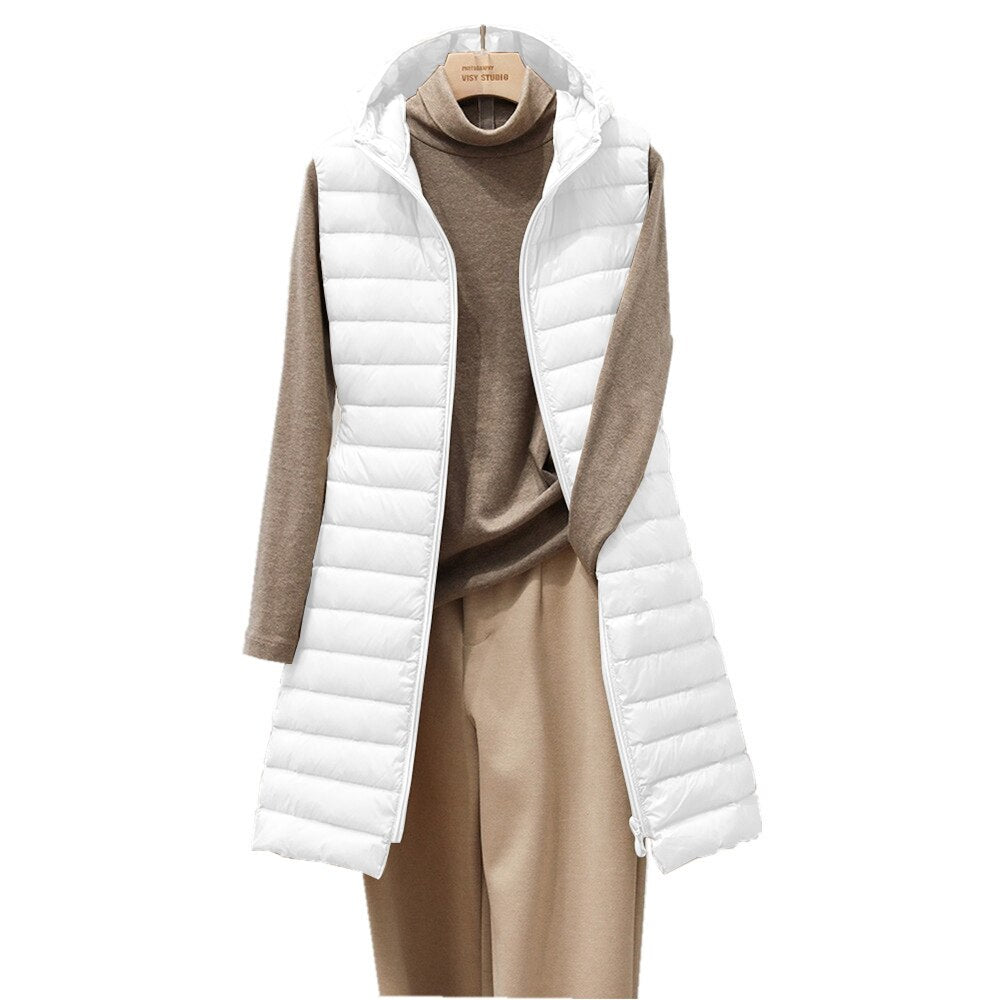 Dame Lang Puffer Vest - Vattert og Hette - Glidelåslukking - Komfortabel og Varm
