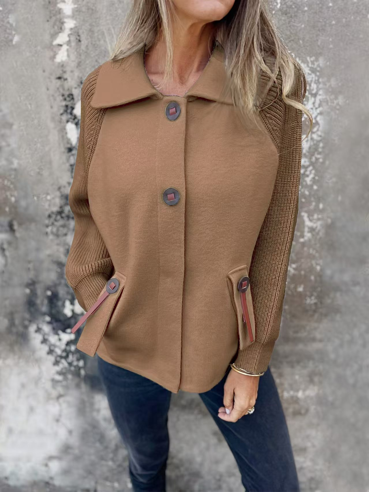 Women's Jacket – Relaxed Fit – Wool Blend – Knitted Sleeves – Button Front