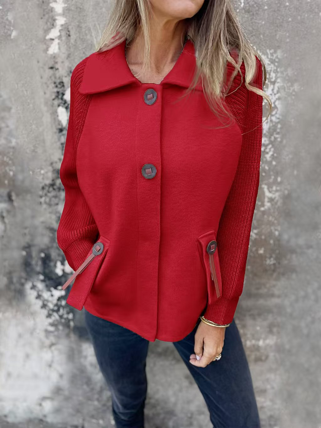 Women's Jacket – Relaxed Fit – Wool Blend – Knitted Sleeves – Button Front