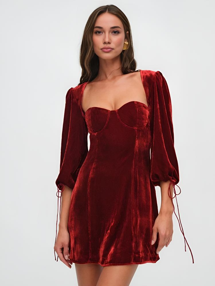 Dress woman – mini length velvet – slim fit – puff sleeves – sweetheart neckline