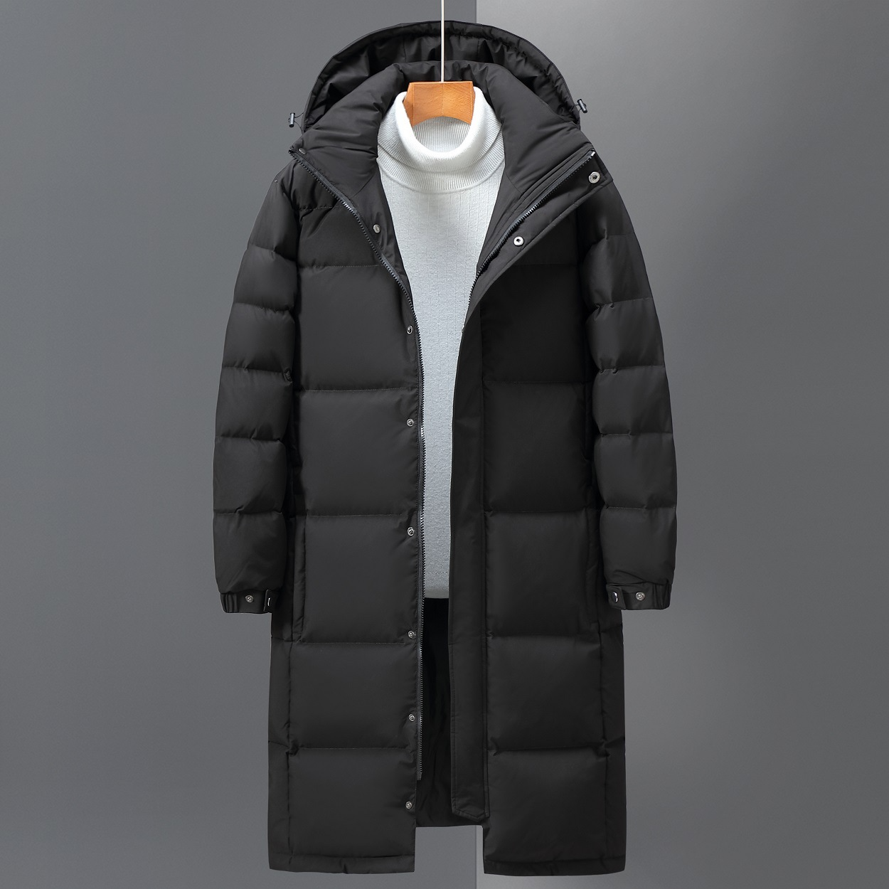 Men’s Puffer Coat - Smooth Woven Shell - Relaxed Fit - Maxi Length - Attached Hood