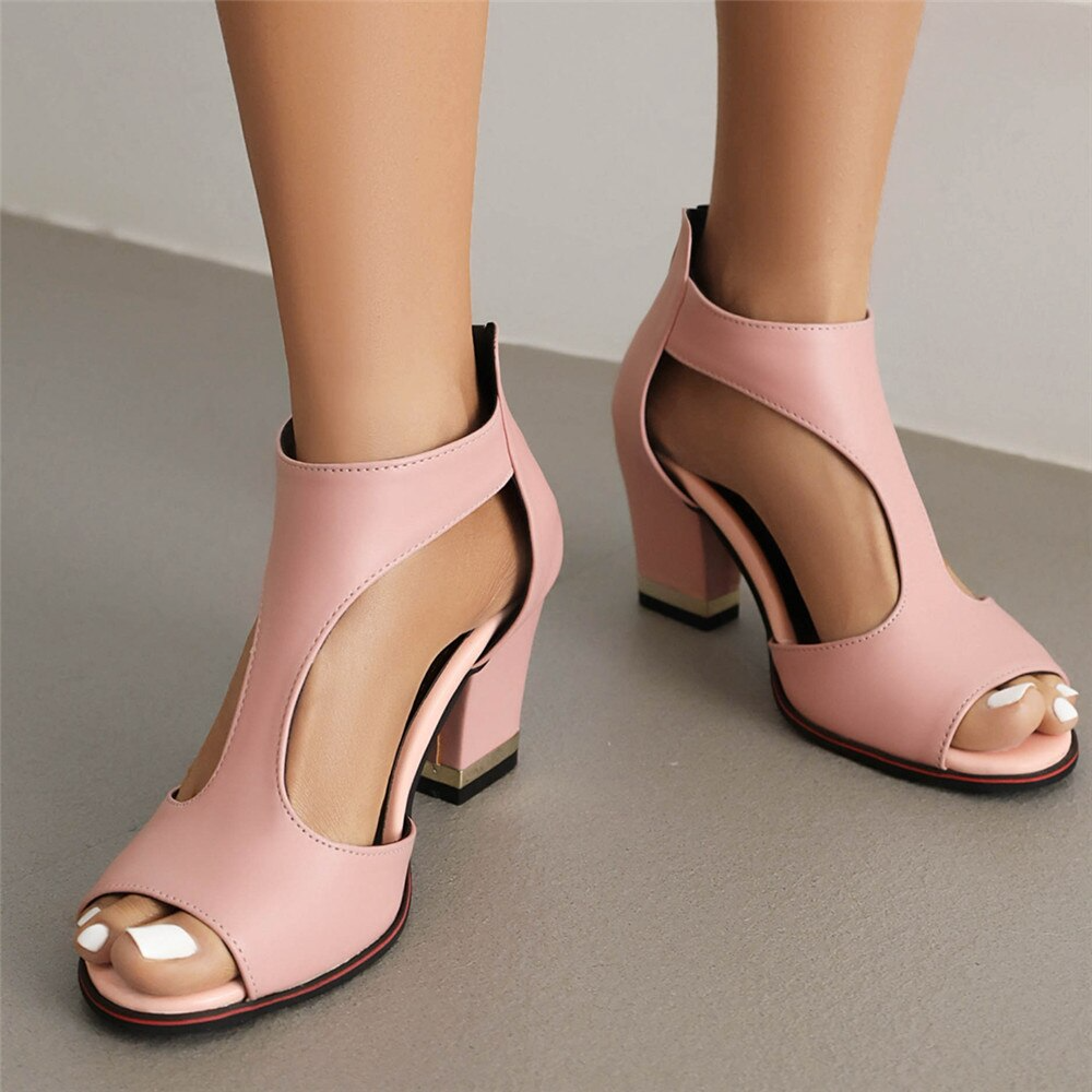 Women's Heeled Sandals – Block Heel – Open Toe – Cut-Out Sides – Ankle Strap
