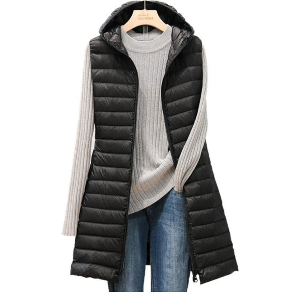Dame Lang Puffer Vest - Vattert og Hette - Glidelåslukking - Komfortabel og Varm